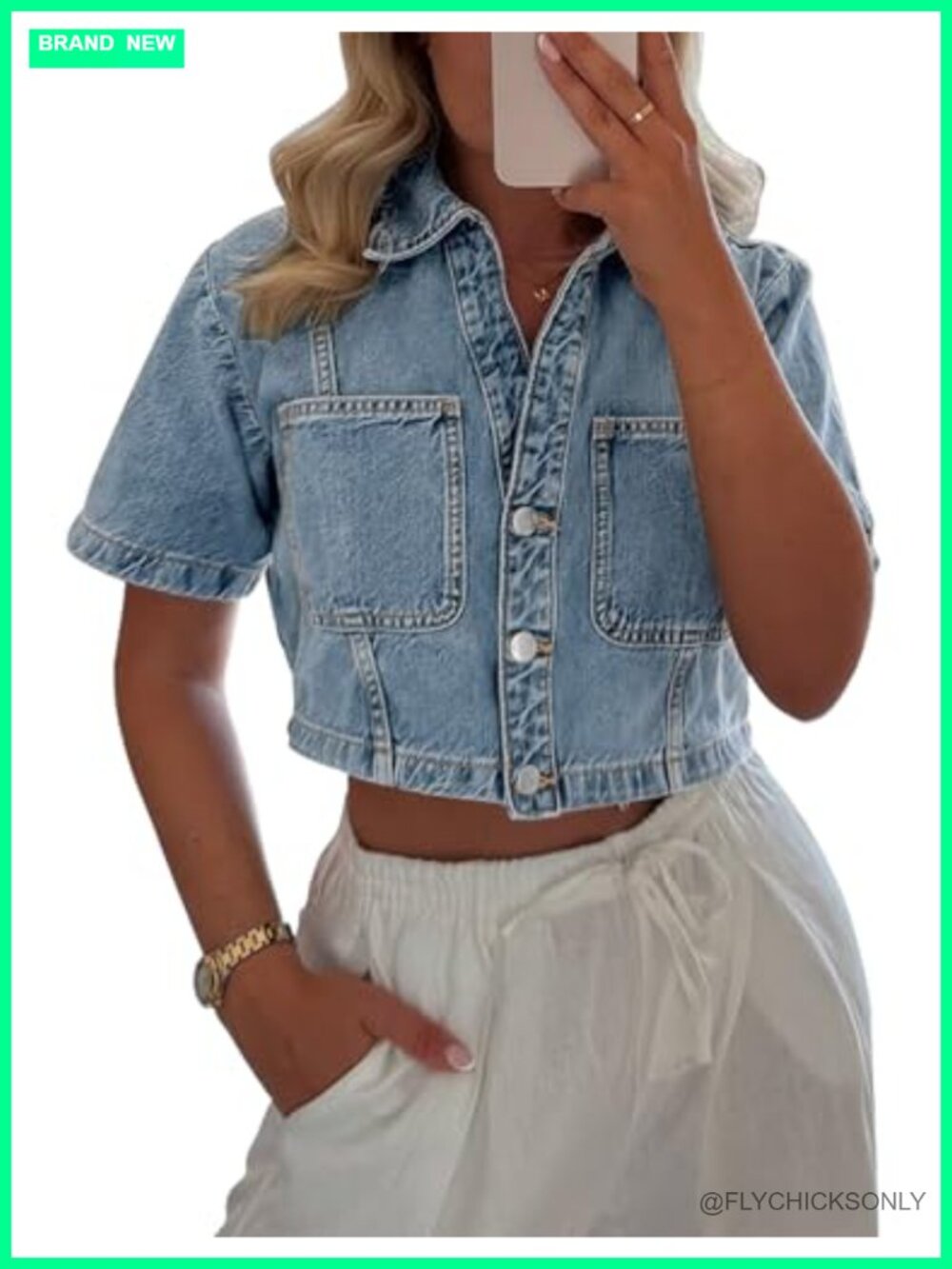 Short Sleeve Crop Denim Button Down Jean Shirt Jacket Women